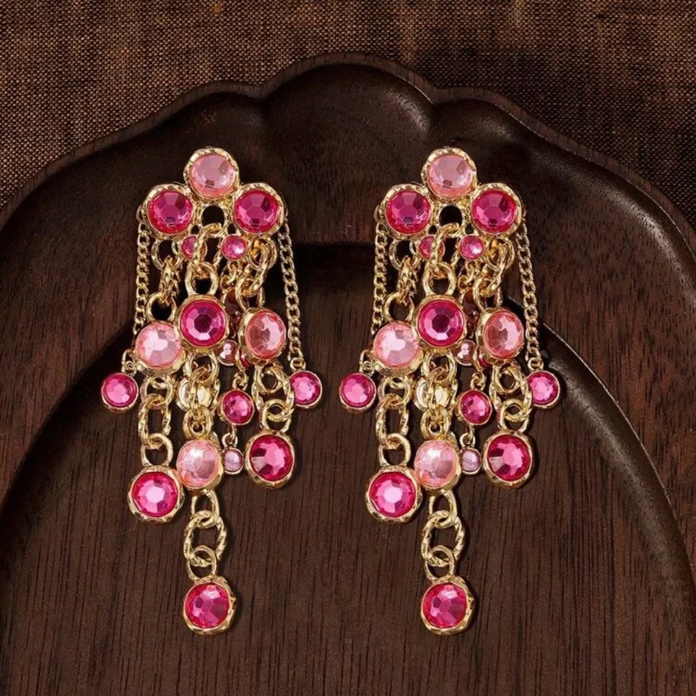 Elegant Gold and Pink Chandelier Earrings